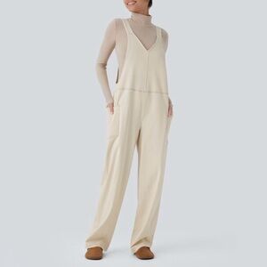 HALARA Cream V-Neck Relaxed Jumpsuit with Deep Pockets